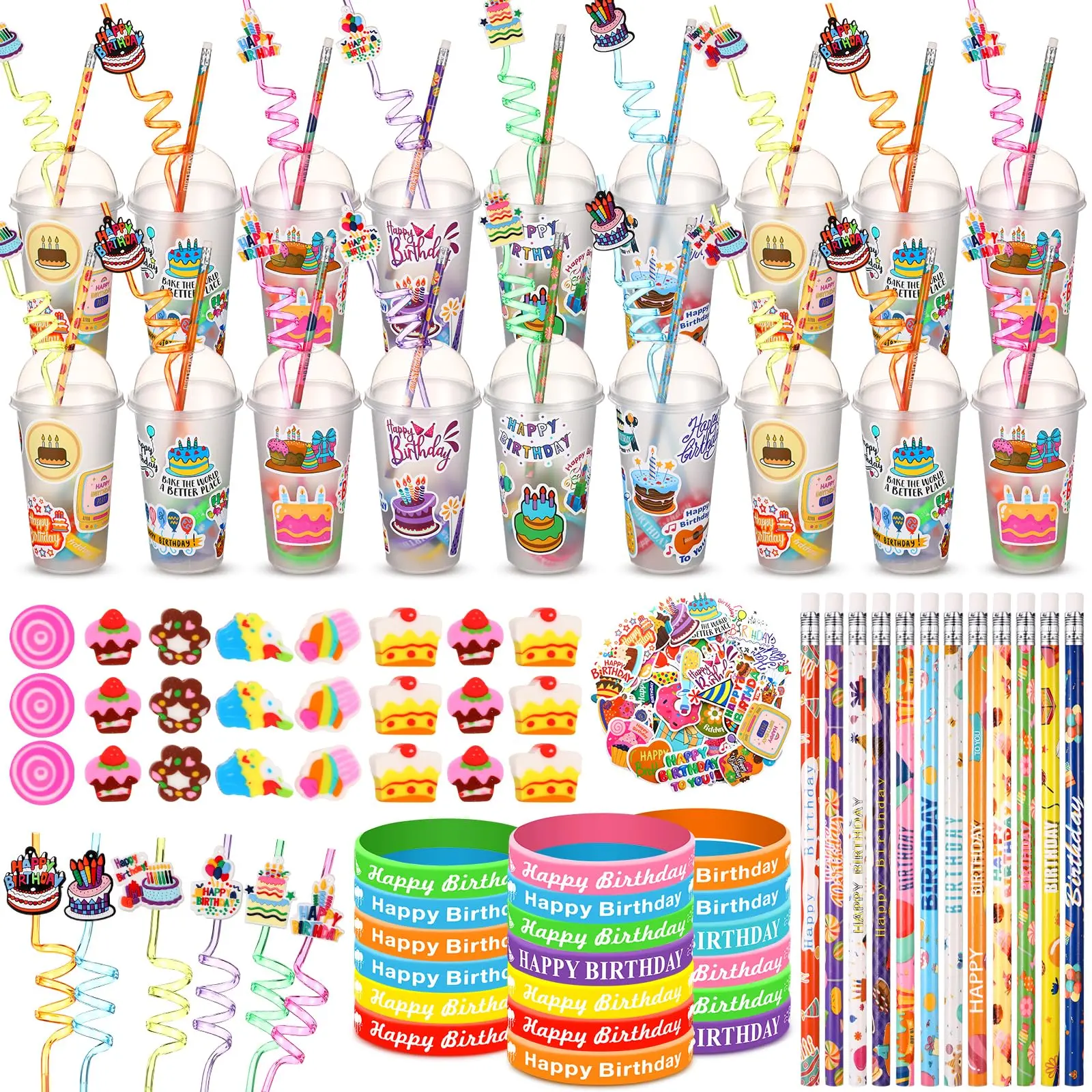 16/24 Pack Classroom Birthday Party Favor Sets for Students, Teacher-Gifted Goodie Bags with 24 Pieces 17oz/500ml Plastic Cups (Dome Lids, Straws), Decorations, Pencils, Erasers, Silicone Bracelets, Stickers for Back to School Surprises