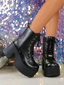Women's 10CM Chunky Heel Platform Ankle Boots | Gothic Punk Y2K Style | Glossy PU, Lace-Up Side Zipper, 5CM Waterproof Platform, Non-Slip Lug Sole Round Toe | For Night Club, Rave Festival, Alt Streetwear, Themed Party Footwear