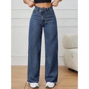 Women's Vintage Denim Jeans, Asymmetrical Pocket Button Design, Autumn Casual Style, Straight-Leg Loose Fit, Perfect for Daily Wear