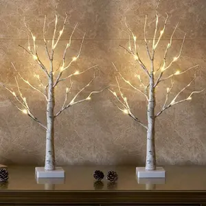 2-Piece Set Birch Trees with Lights - Battery & USB Powered Artificial Tabletop Christmas Decorations, Featuring Warm White Lighting, Realistic Birch Trees with Branches, Wire-Free, Indoor/Outdoor Holiday Decor for Home, Office, Parties - Easy to Set Up,