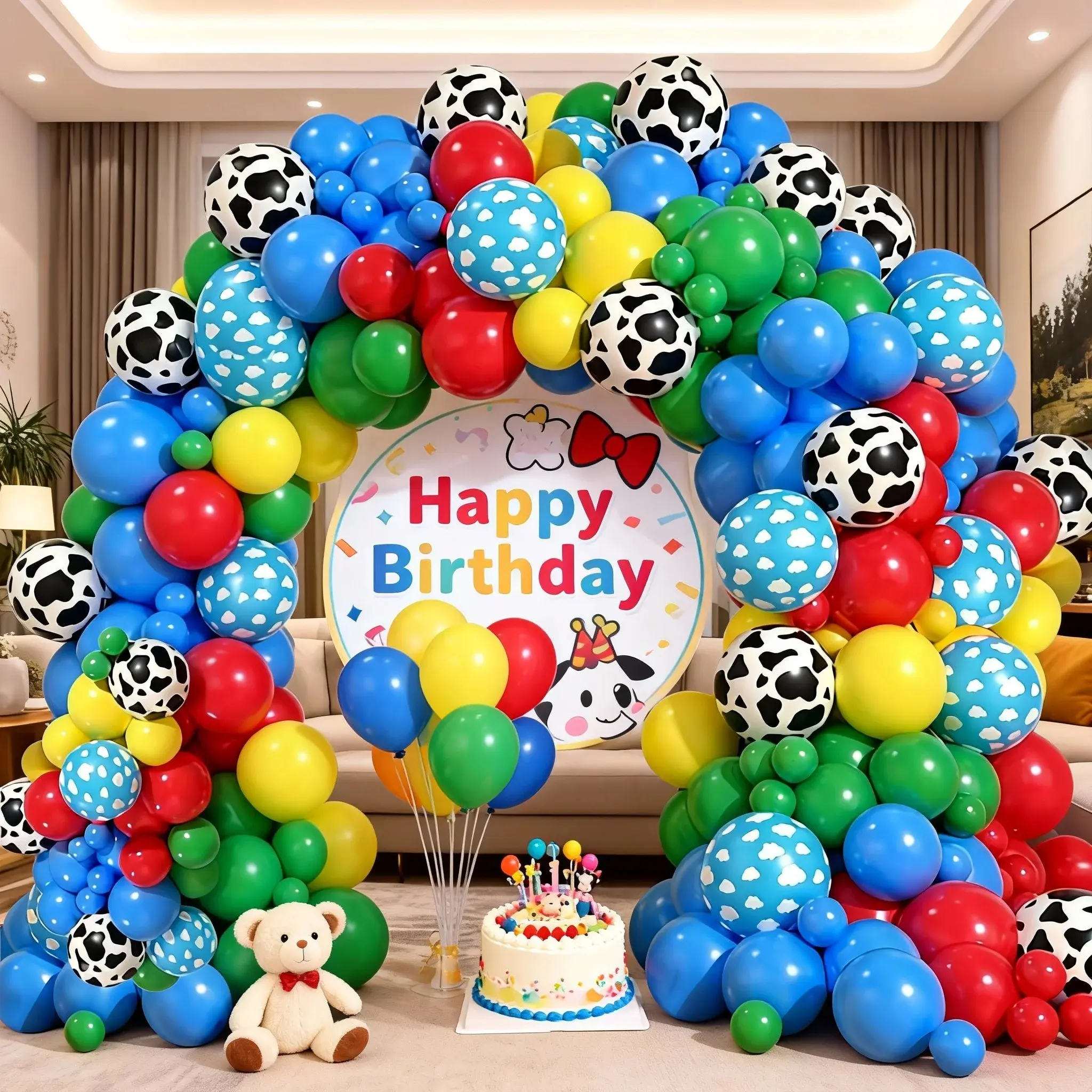 127 Piece Colorful Cartoon Cow Balloon Arch Kit, Balloon Garland, Birthday Party Decoration Set, Happy Birthday, Blue Balloons, Latex Balloons, Kids Birthdays, Baby Showers, Carnival Parties, Balloon Party Supplies, Balloon Decorations