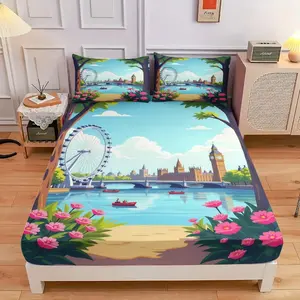 3-Piece Comfortable London Landscape Bed Hat Set, High-Definition Digital Printing, Soft And Breathable, 100% Polyester Fiber, Perfect Gift For All Seasons, Suitable For Family And Friends. Clearance Sale