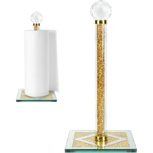Gold Paper Towel Holder Stand, Countertop Paper Towel Roll Dispenser Holders with Cube Base, Tissue Countert Filled with Crystal Sparkly Crushed Diamonds House Decor for Kitchen Bathroom, Heavy Weight