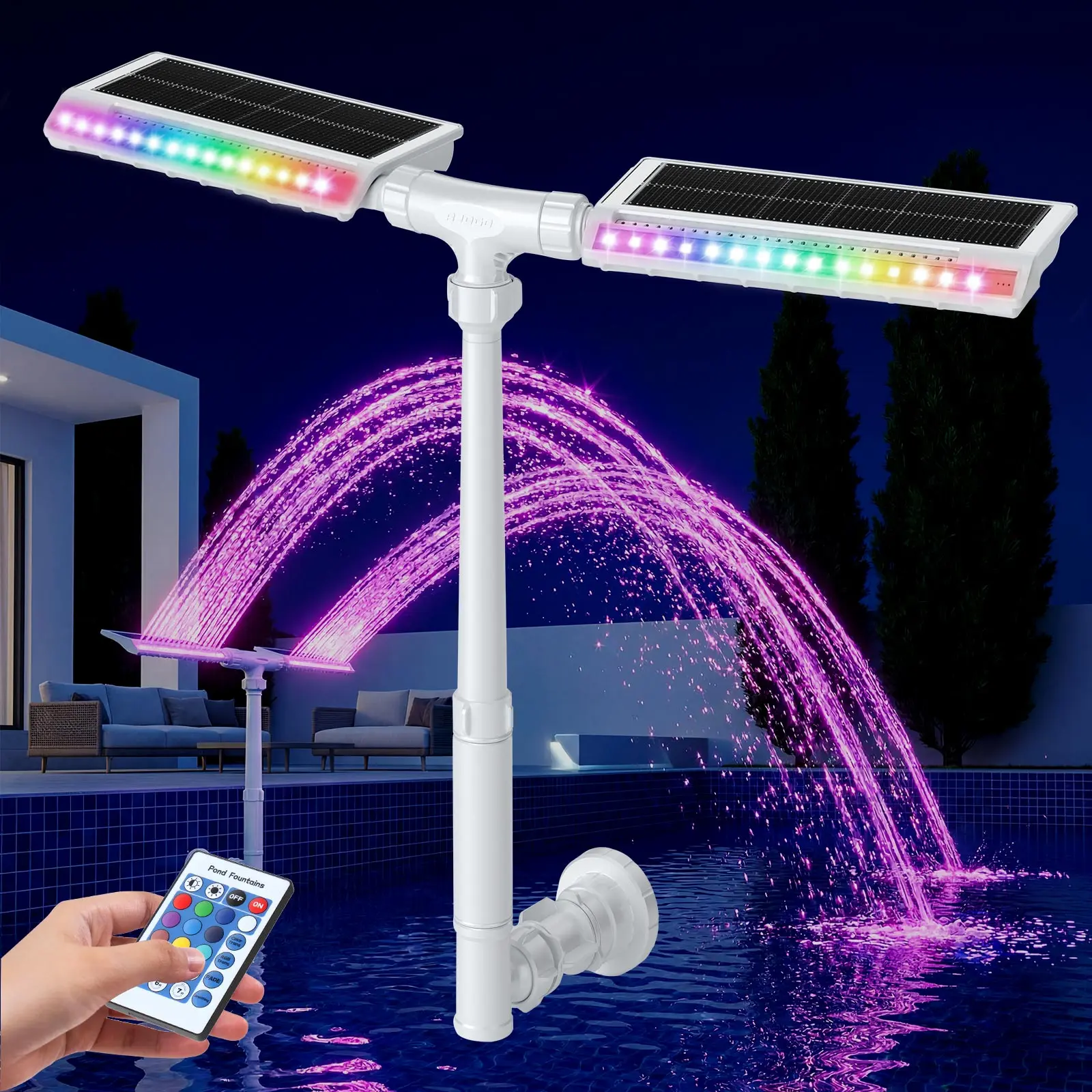 Extended Solar Pool Fountain – 10-Color LED Lights, Dual Sprinkler, Remote Control, Auto Light Sensing, 4 Modes, Pool Decoration for Above/Inground Pools