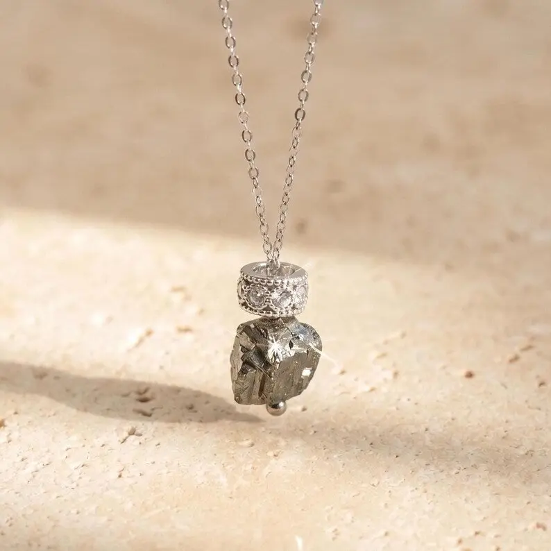 Raw Hematite Pendant Necklace, Adjustable Stainless Steel Chain with Rhinestone Accent