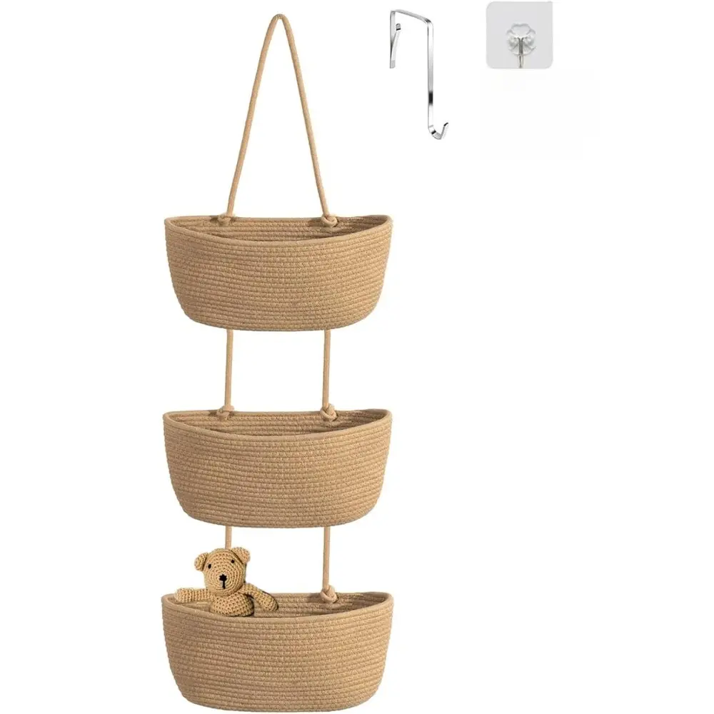 3-Tier Woven Cotton Door Storage Organizer - Over-the-Door Wall-Mounted Hanging Basket for Nursery, Living Room, Bathroom (Brown)