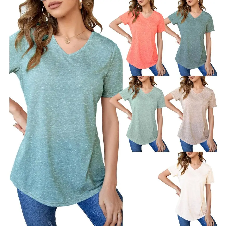 Mint Plus Pink Women's Short Sleeve V Neck Tops Fitted Casual Summer Tee Shirts in Plain Colors for Country Concert Outfits & Daily Wear