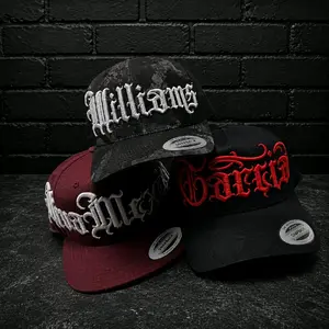 Customizable 3D Old English Style Font Hats - A- Frame, Trucker and Flatbill Snapback Styles, Yupoong or Richardson 112 Brands.