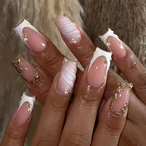 24pcs Square French Nail Set, Decorated with Small Gems and Pearls, Glossy Acrylic False Nails, Suitable for Women and Girls, Fake Nails