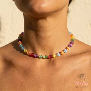 Dopamine Necklace - Rainbow Beaded Choker - UV Reactive Necklace Waterproof - Summer Jewelry Stainless Steel, Stackable