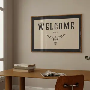 Welcome Home Bullhorn Typography Print, Western Home Decor, Southwestern Cowboy Art, Modern Farmhouse Ranch Wall Art