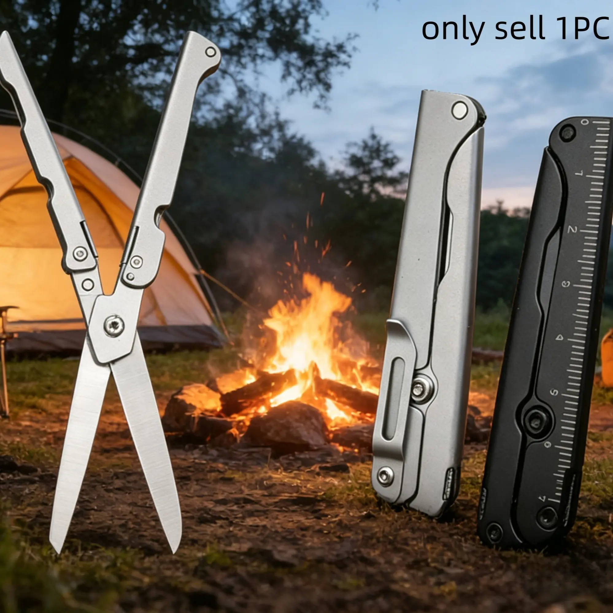 1pc Camping All-In-One Scissors, Foldable Multi-Functional Outdoor Emergency Scissors, Portable Pocket Tool, Garden Lawn Multifunctional Scissors, Survival Tools, Portable Hand Tools, Folding Tool, Survival Gear