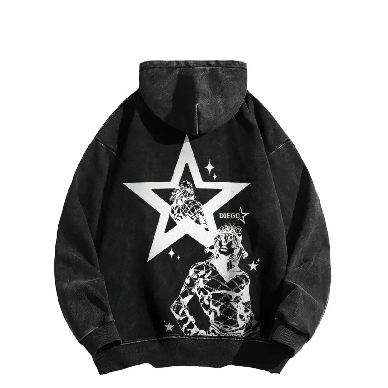 JoJo's Bizarre Adventure: Steel Ball Run*, with a large black star background, in a style reminiscent of Y2K streetwear or acid-washed vintage aesthetics- Long Sleeve Cotton Unisex Vintage Hoodie, Oversize Shirt, y2k Style, Gift for fan SVH