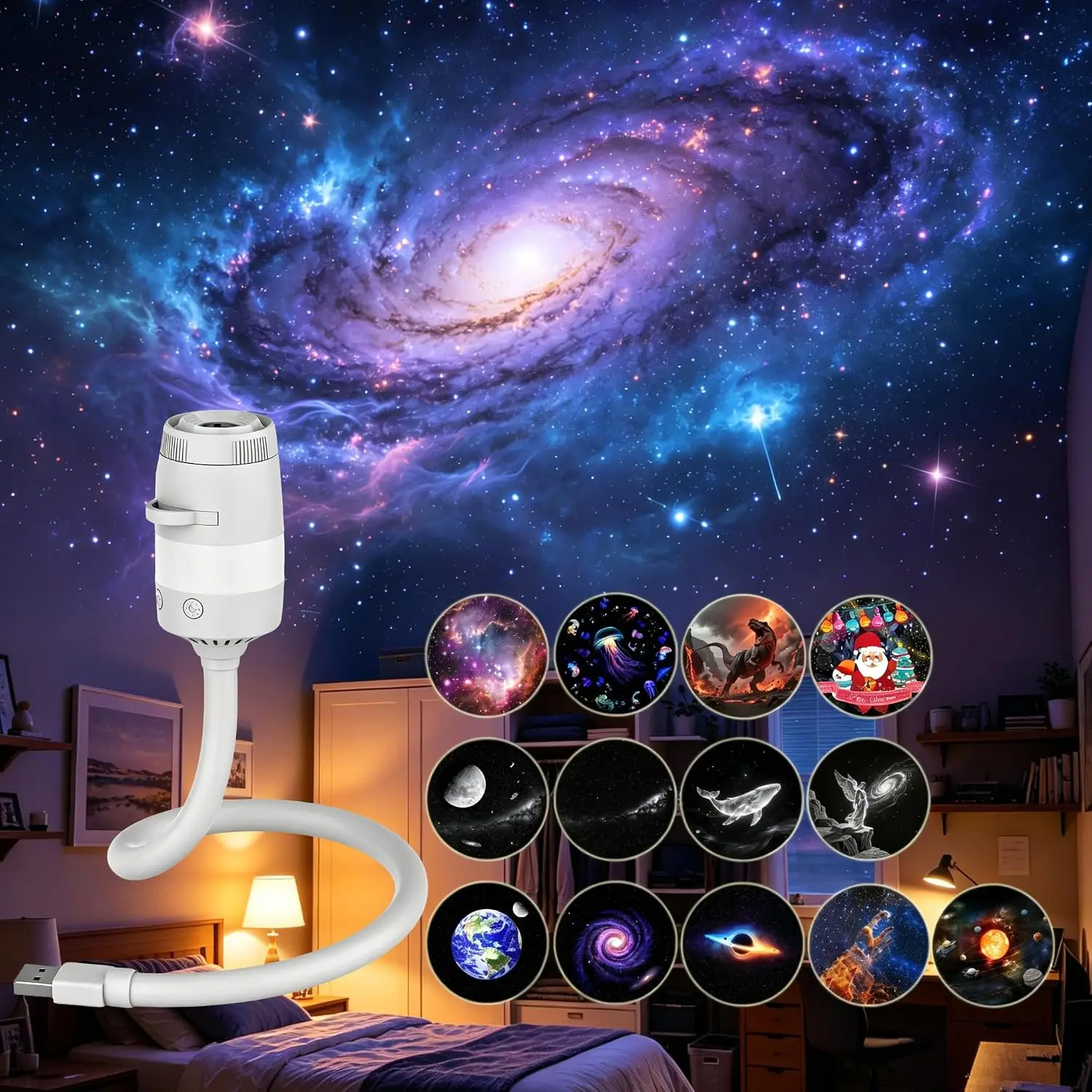 Galaxy Star Night Light Projector, 2-in-1 USB Multicolor LED Night Light, with 13 Projector Films, Portable 360° Adustable Brightness Control for Bedroom Home Ceiling Car Decor Gift