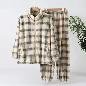 Winter warm women's pajamas flannel thick zipper cardigan, can wear double-sided velvet home clothes two-piece set