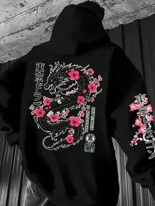Men's Dragon Sakura Hoodie Casual Sweatshirts, Tokyo Dragon Design, Bottom Dragon Print, Rose Sakura, Back Large Print, Sporty Fitted, Menswear