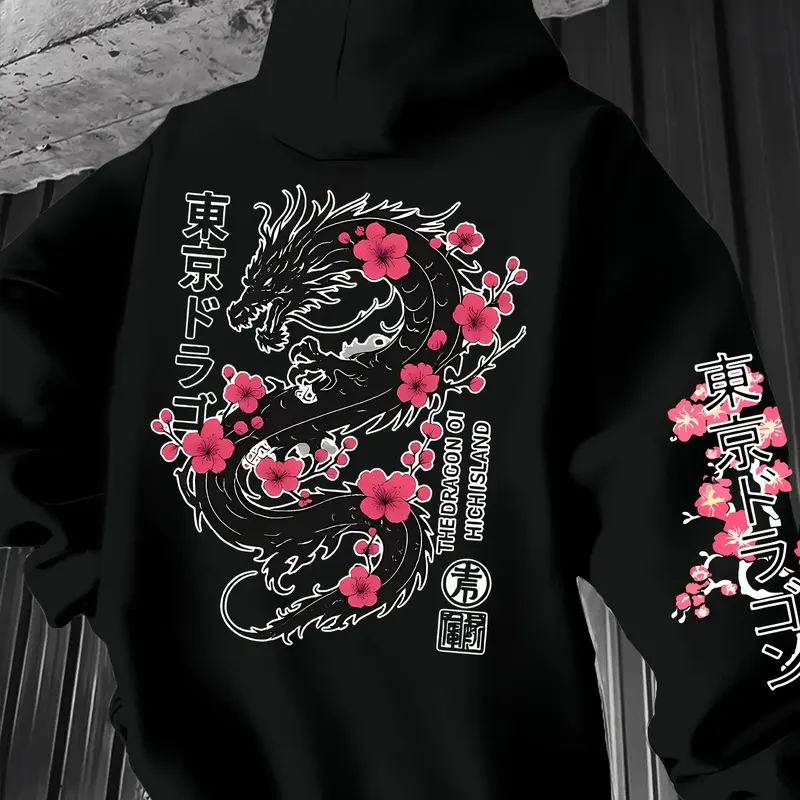 Men's Dragon Sakura Hoodie Casual Sweatshirts, Sleeve, Tokyo Dragon Design, Bottom Dragon Print, Rose Sakura, Floral, Cherry, Back Large Print, Sporty Fitted, Menswear, Casual Graphic Hoodie