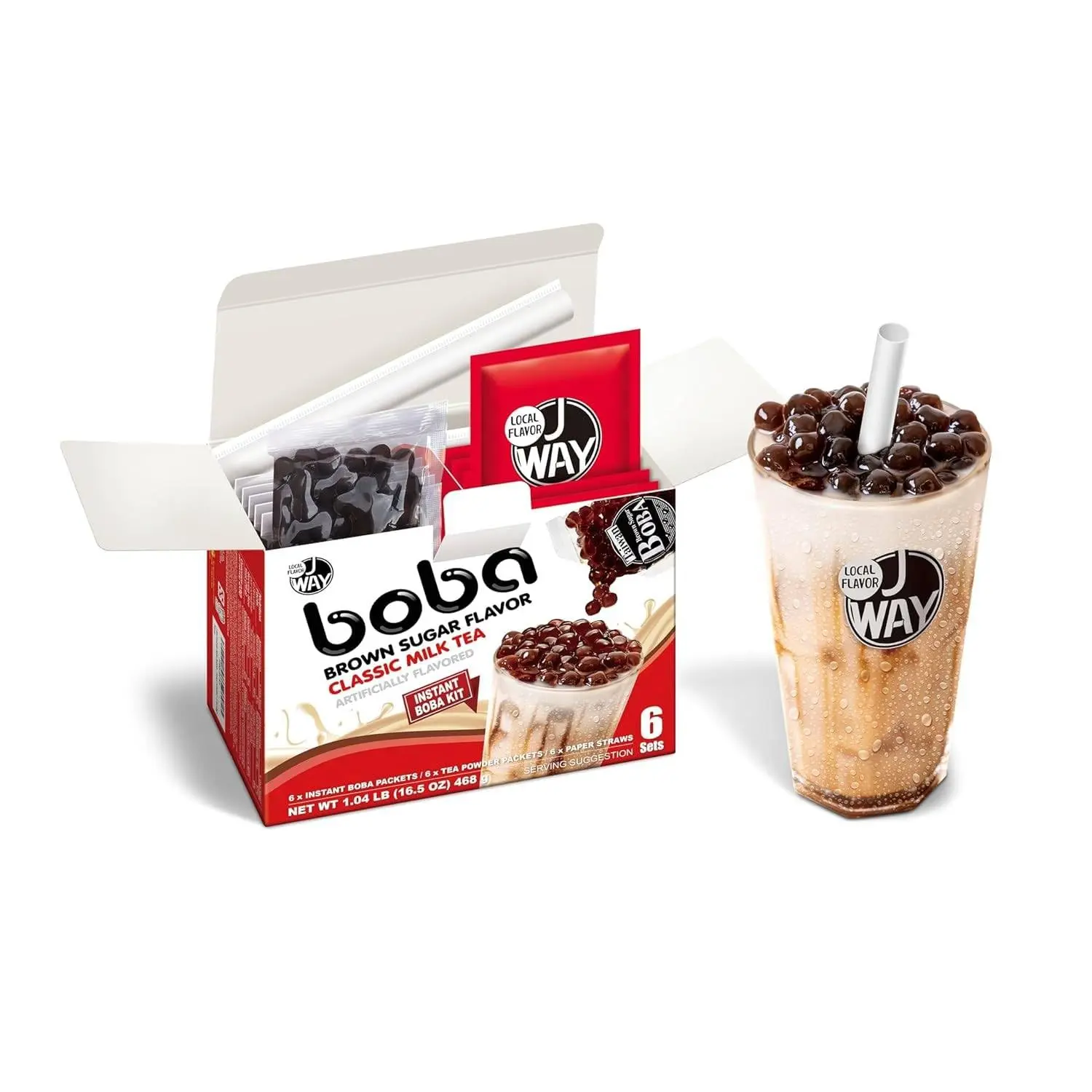 J WAY Instant Brown Sugar Boba Milk Tea Set, 6 Servings Beverage, 78g x 6 Pack with Boba Pearls Drink Toppings