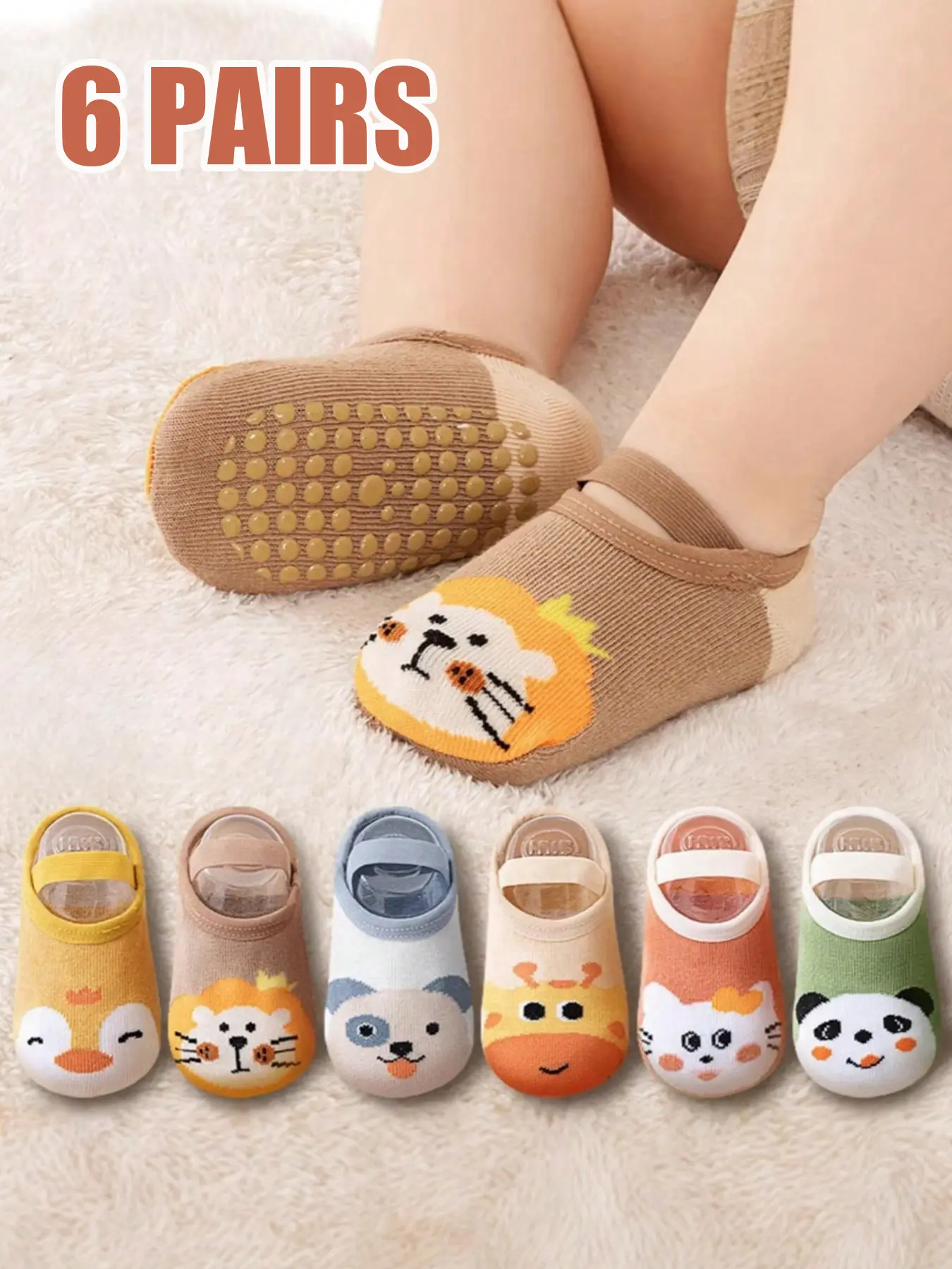 6 Pairs Kids Socks, Baby Toddler Non-Slip Indoor Floor Socks, Cartoon Animal Design, Animal Print Socks, Unisex Children Anti-Skid Socks for Boys & Girls, Toddler Grip Socks, Toddler Socks With Grips, Sock Set