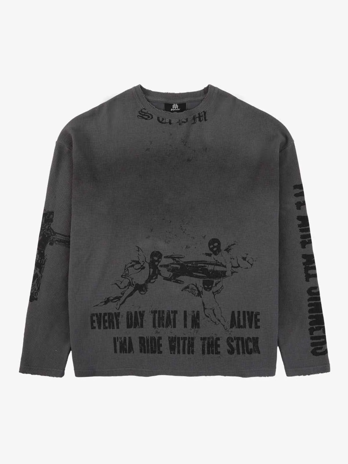 Thesupermade Waffle Knit Distressed Long Sleeve Tee | Spray Wash Graphic Streetwear Shirt Men