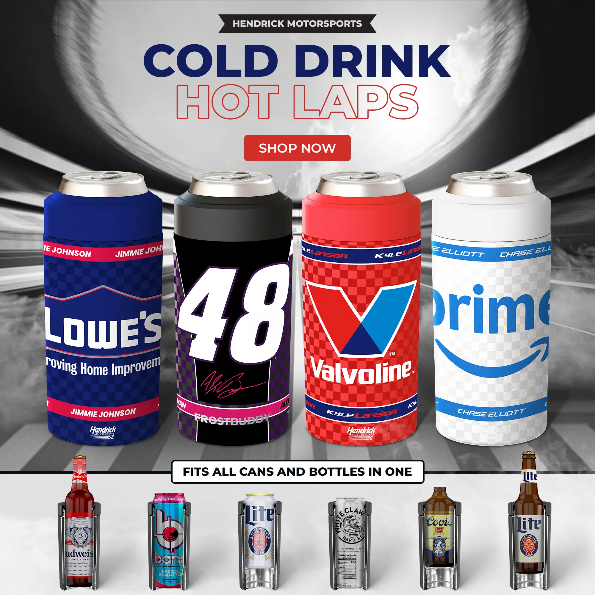 Hendrick Motorsports Universal Buddy - Fits 12oz Cans, Slim Cans, 12oz Bottles, 16oz Cans - Stainless Steel - Double Wall Insulated Drinkware Flasks- Cold 12+ Hours Hot 6+ Hours Stainless