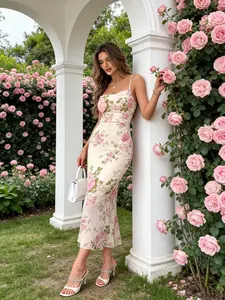 French Vintage Ditsy Floral Halter Tailored Midi Dress, Slimming Fitted Design, Flowing Skirt Hem, Gentle Romantic Elegant Chic