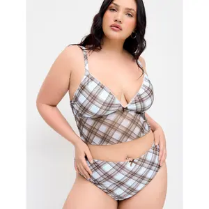 Cider V-neck Checks Bowknot Tankini & Mid Rise Full Coverage Bikini Bottom Set Curve & Plus