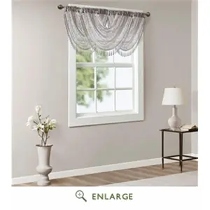 Madison Park Irina Waterfall Valance, Sheer Embroidered Diamond Pattern Home Decorative Curtain with Tassels for Nursery, 38x46 in, Grey