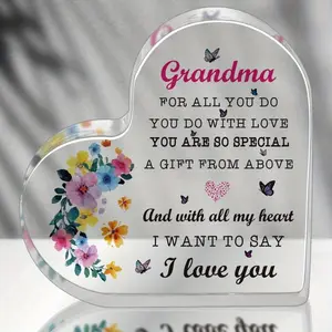 Elegant Heart-Shaped Acrylic Decorative Plaque - Grandma Gift from Grandchildren with Name, Iron Accent, Floral Cutout, Butterfly Cutout, Photo Slot, Wall Metal Plaque for Birthday, Mother's Day Home Decor
