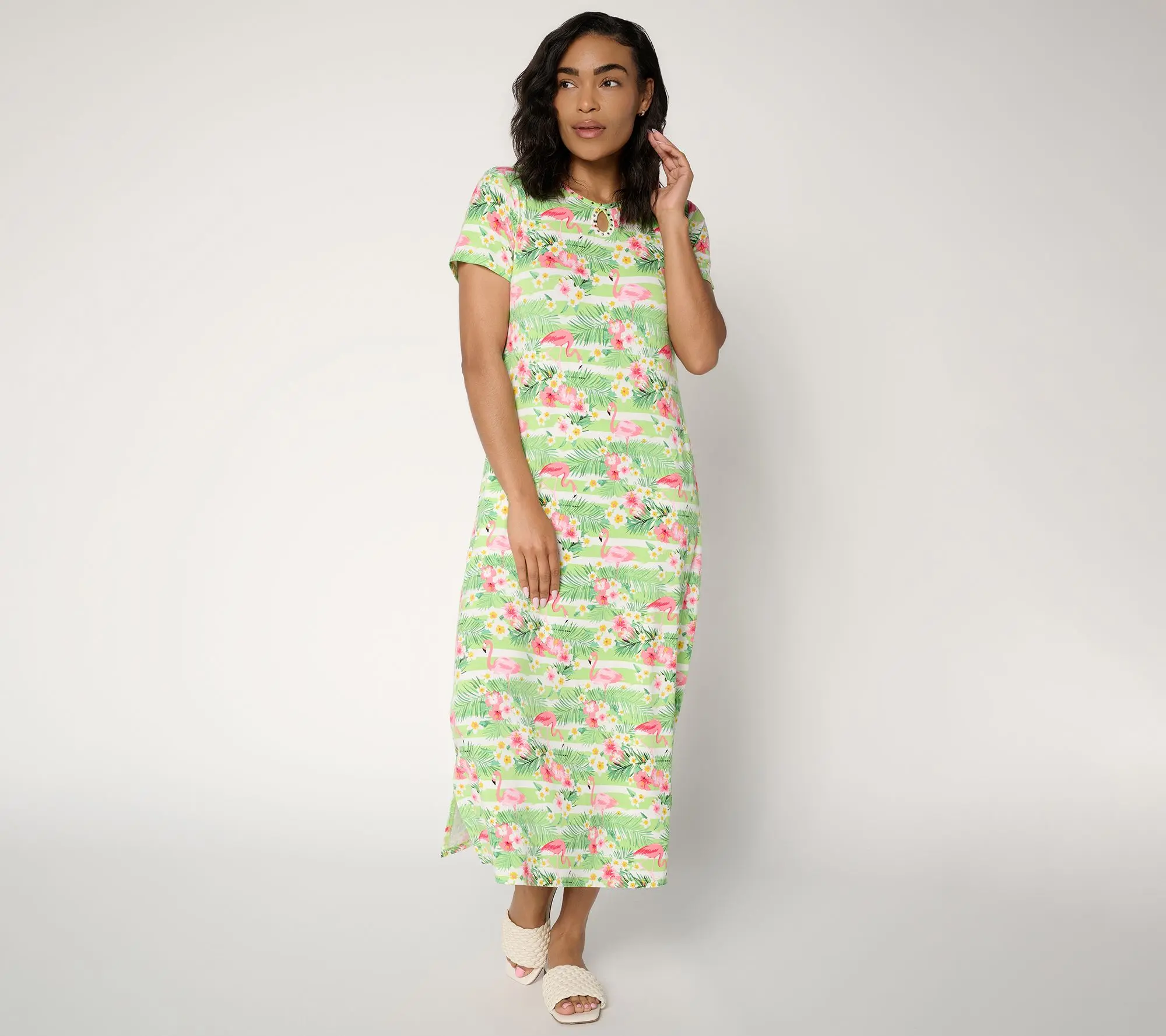 Quacker Factory Pink Flamingos Rhinestone Keyhole Printed Maxi Dress