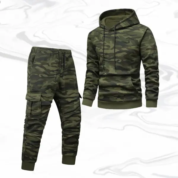 Men's Camouflage Sweatsuit Set, 2-Piece Athletic Style Activewear with a Polyester Knit Pullover Hoodie and Loose Fit Joggers, Athleisure Tracksuit, Casual Athletic Apparel, Camo Street Look