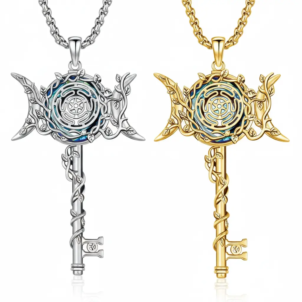 Drinsper 925 Sterling Silver Hecate Key Amulet Necklace, Unisex Adjustable Chain Pendant with Triple Moon Goddess, Pentagram Wheel, Tetragrammaton for Wiccan Pagan Magic Witchcraft, Daily Wear Jewelry Gift