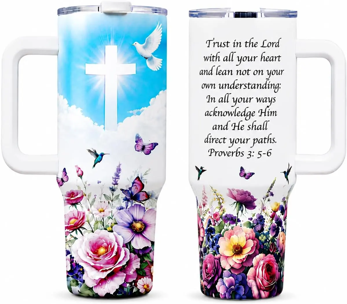 Christian 40 oz Tumbler for Women with Bible Verse, Double Wall 304 Stainless Steel Insulated Travel Mug with Handle, Leak-Proof Lid, Keeps Drinks Hot & Cold, BPA-Free - god10267