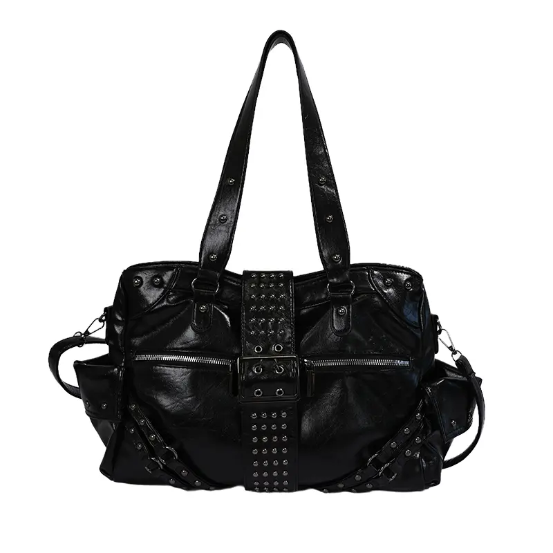 Women's Large-Capacity Studded Shoulder Bag - Y2K Moto Buckle Tote Bag