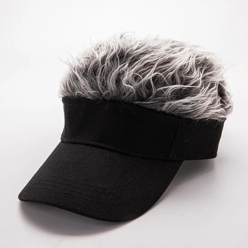 (Multiple Color Options)Spring New Funny Wig Visor Hat, Outdoor Wide-Brimmed Baseball Cap with Fluffy Gray Synthetic Hair, Novelty Sunshade Trucker Hat, Comfortable Adjustable Strap Casual Sun Hat, Amusing Daily Wear Wig & Visor Combo Black Hat