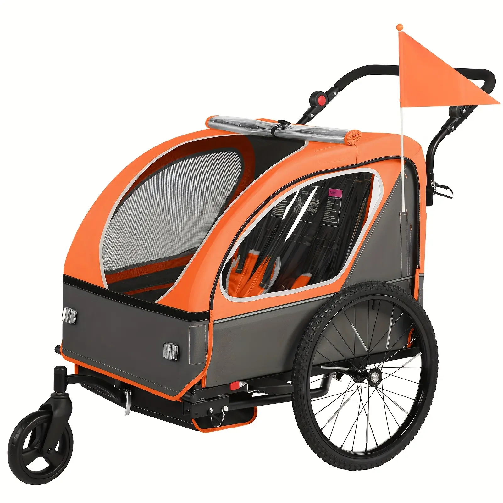 2-in-1 Convertible Kids Bike Trailer-Stroller for 1-2 Toddlers, Orange Folding Travel Stroller with Canopy, 5-Point Harness, Storage Bags, Quick Bike Attachment, All-Terrain Wheels, Safety Flag