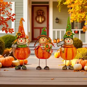 Zaer Ltd. Set of 3 Metal Pumpkin Scarecrow Figurines – Tatters, Stitches & Patches – Indoor/Outdoor Hand-Painted Fall Décor, Freestanding Seasonal Harvest Decorations