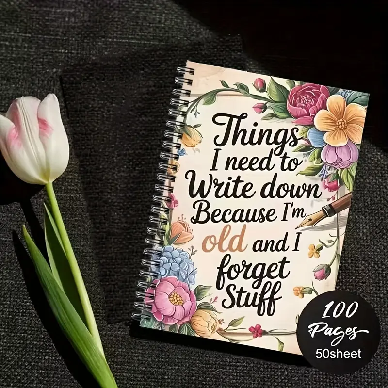 The elderly memory diary - "As I get older, I tend to forget things, so I have to write these down." Classic floral spiral notebook with free pen, Memory Journal