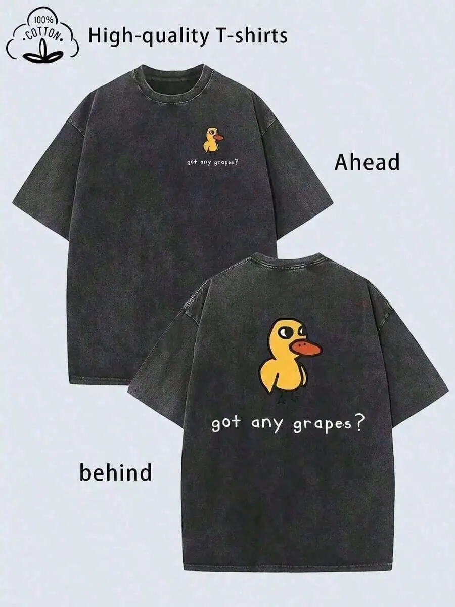 2026 Summer TopsMen's Vintage Heavyweight Washed T-Shirt With Funny "Get Any Grapes?" Duck Graphic & Back Print - Soft Breathable Oversized Streetwear Tee, Loose Fit Casual Shirt For Casual Attire (, Machine Washable) Edgy Street Style Fashion