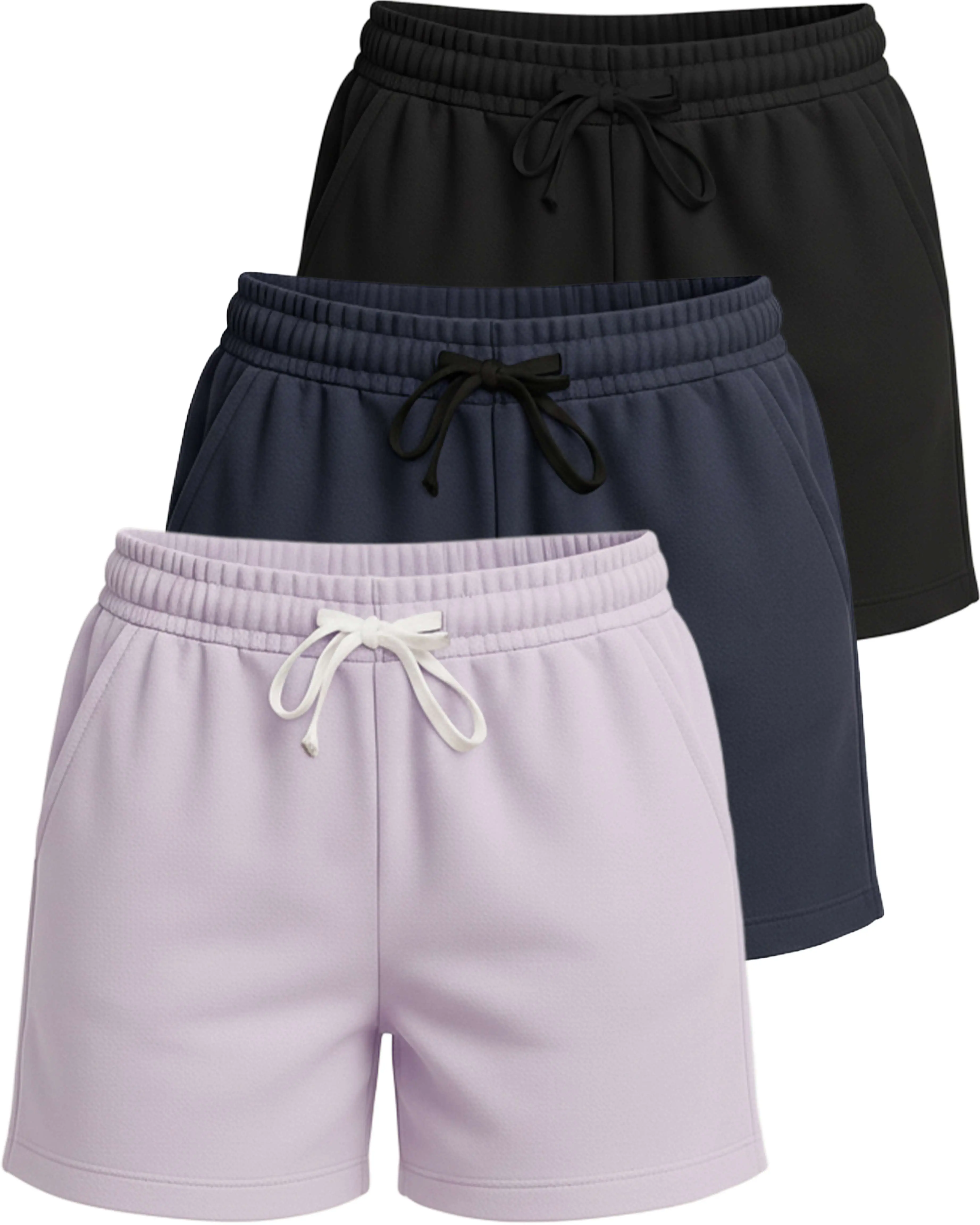Real Essentials 3 Pack: Women's Cotton Fleece Lounge Pajama Sleep Shorts with Pockets and Drawstring (Available in Plus Size)