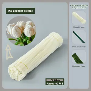 112-piece DIY twist flower stick set, including 100 white felt flower sticks, 10 army green felt flower sticks, and 2 decorative flower sticks, suitable for Mother's Day, graduation ceremonies, home decoration, and holiday gifts.