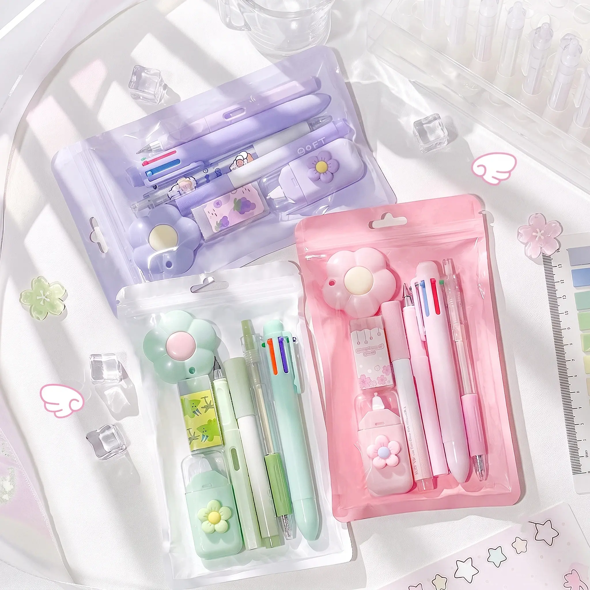 7-Piece Cute Pastel Aesthetic ABS Plastic Stationery Kit - Color-Coordinated Office & School Supply Bundle with Inkless Infinite Pencil, Gel Pen, Correction Tape, Mini Utility Knife, Highlighter for Girls Teens, 7-Piece Kit