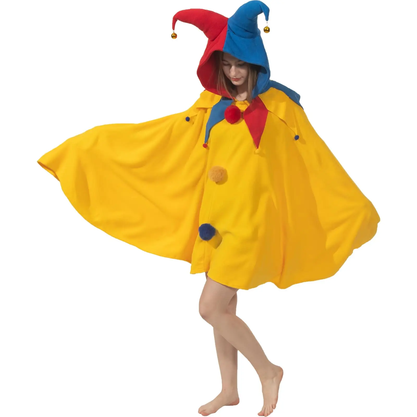 Women's Long Fluffy Polar Fur Jester Costume Coat - Hooded Cape with 2 Bells, Cozy Breathable Fit, 1-Size, Basic Stylish Colorful Design, Halloween Party Clothes & Accessories, Classic, Women's Clothes, One Size