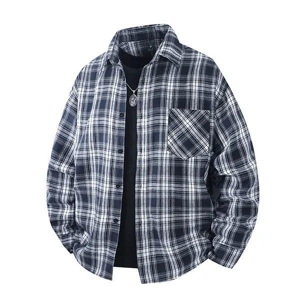 Men's Navy Blue Plaid Collared Shirt — Buttoned Front Closure, Chest Pocket, Casual Versatile Layering Piece, Essential for Everyday Wear and Styling Options