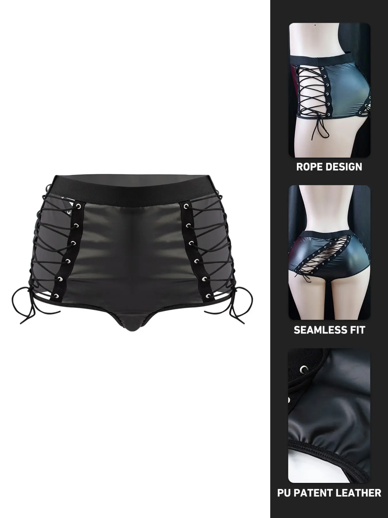 Women's Sexy Four-Way Stretch PU Leather Thong Panties Underwear, Comfortable Lingerie, High-Quality Buckle Design, Home Wear, Valentine's Day