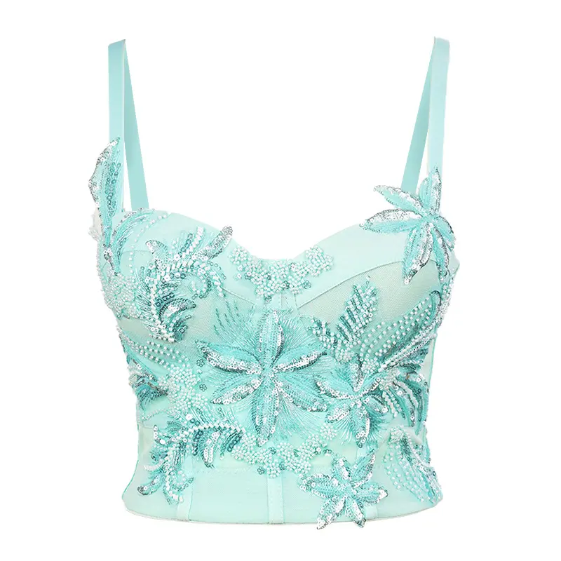 Tube Top Fish Bone Bra Blusas Short Handmade Sequins Embroidery Corset Spring Summer Outfits Woman Clothing Sling Wedding Party Blind Date Stage Party Shaper Ladies Crop Shirt Vest Sexy Inner Clothes Tank Tops