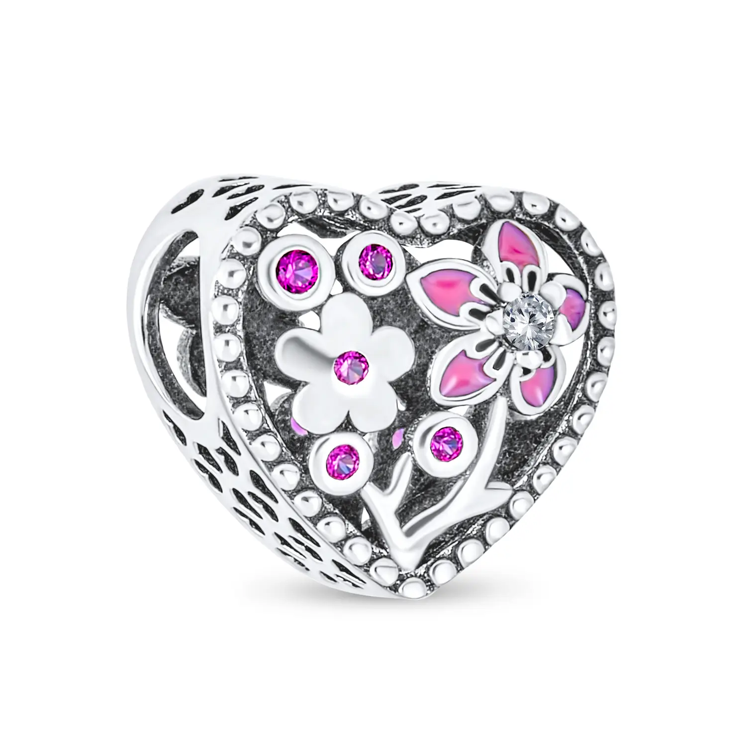 Sterling Silver Valentine Love Grows With Pink Red Enamel Flower Heart Shape Charm Bead for Bracelet