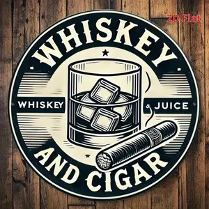 1pc 2D Plane Whiskey Cigar Theme Round Aluminum Metal Decorative Sign, Novelty Decor, Home Business Decor, Suitable for Bar Kitchen Coffee Shop Home Office Decoration, Holiday Gift, 20.32x 20.32cm