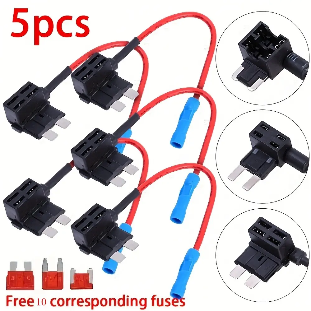 12V Add-a-Circuit Fuse Adapter 5/10-Pack - 3-Type Holders with Standard, Mini TAP Blade Fuses (Red) for Dashcams, Car Players, Vehicle Accessories,car accessories