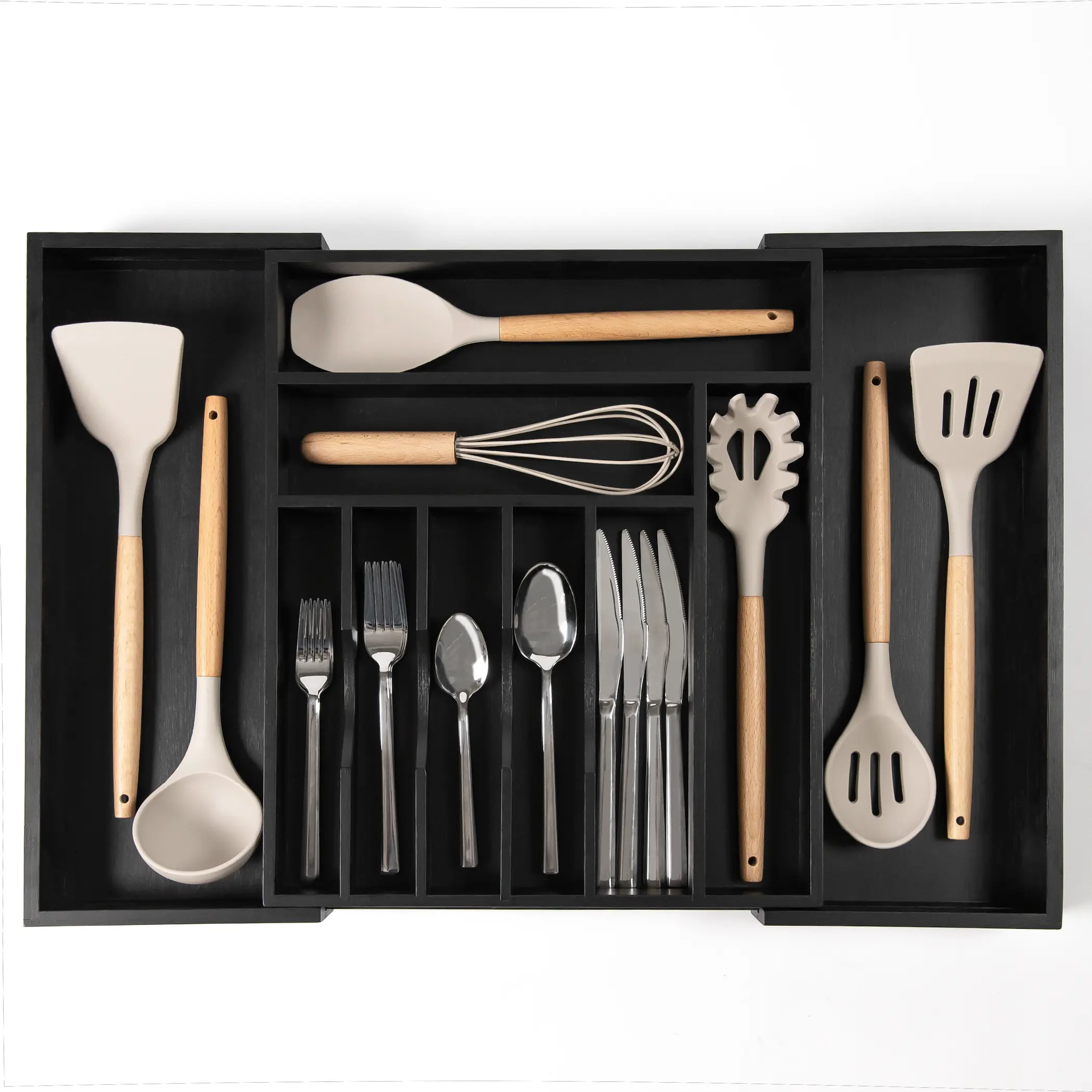 Premium Silverware, Flatware and Utensil Organizer for Kitchen Drawers, Food-Safe Contract Grade, Expandable from 14.5 to 25 In, Black Bamboo Boxes Knives